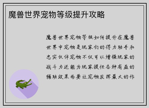 魔兽世界宠物等级提升攻略