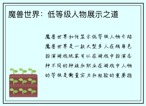 魔兽世界：低等级人物展示之道